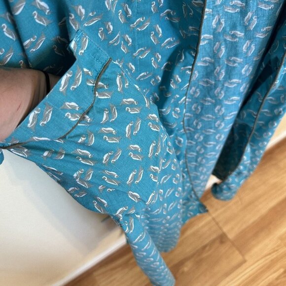 American Heaven Blue Penguin Print Cotton House Robe Medium Hood Pockets Animals - Picture 5 of 11